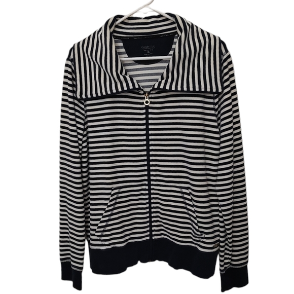 Calvin Klein Performance Sweater Jacket Terry Velour Navy Off White XL Zip Up - Picture 1 of 10
